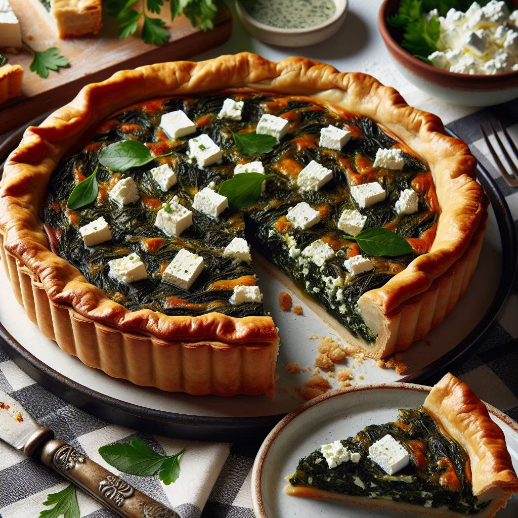 Golden baked spinach and feta pie with a flaky puff pastry crust