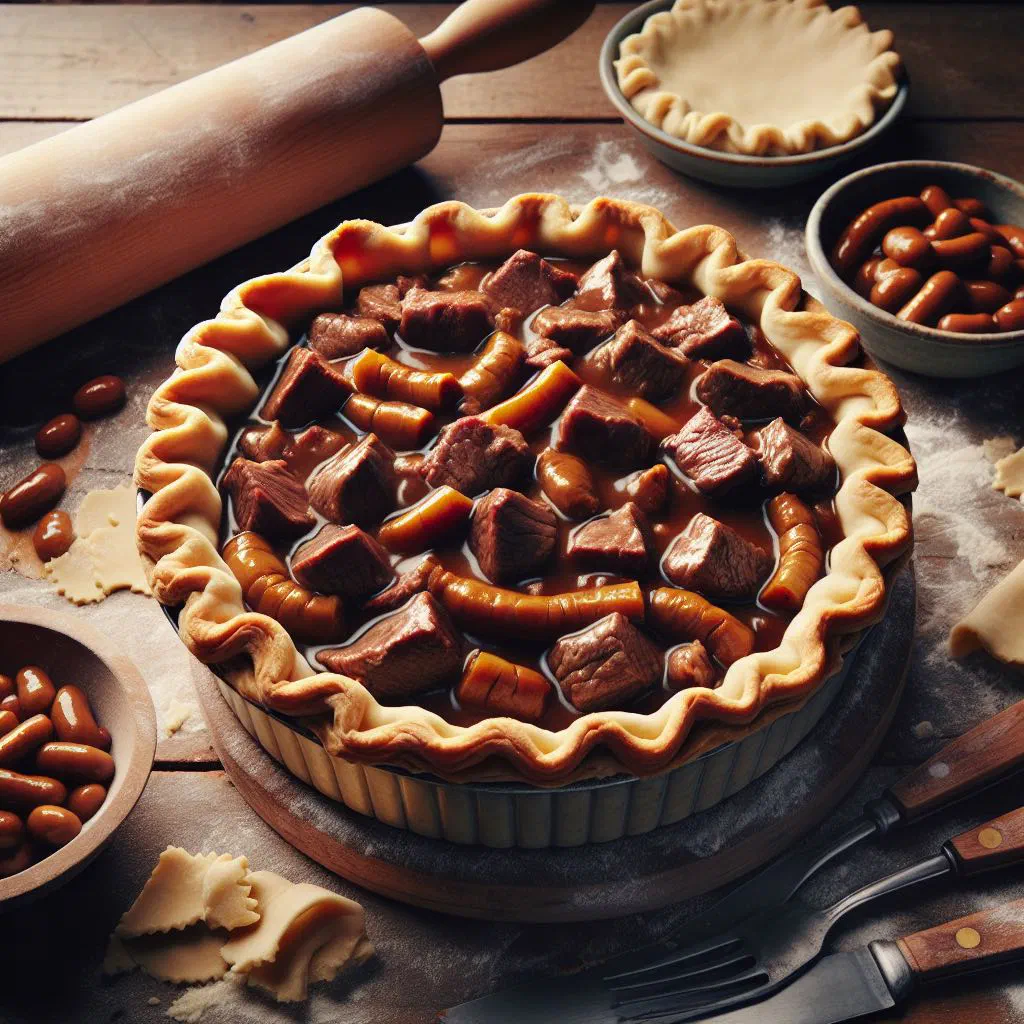 Golden steak and kidney pie with a puff pastry crust, cut open to show the beef filling