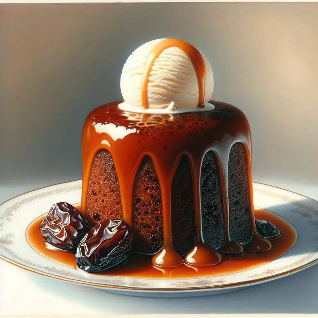 Warm sticky date pudding with caramel sauce and vanilla ice cream