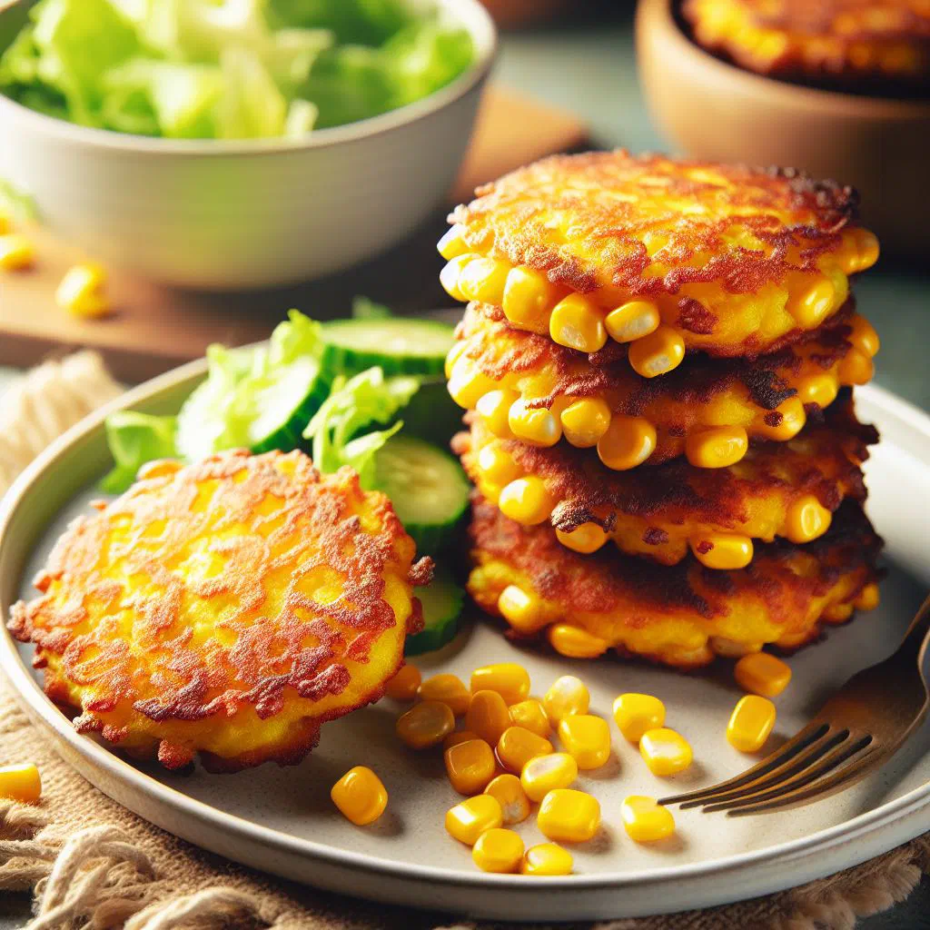 Golden sweetcorn fritters stacked on a plate with fresh herbs