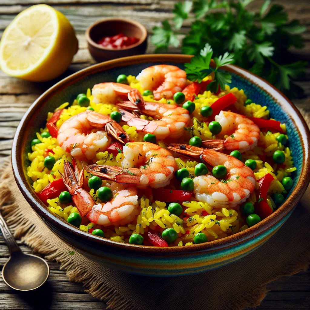 Nicaraguan arroz con camarones with prawns, rice and peppers garnished with coriander