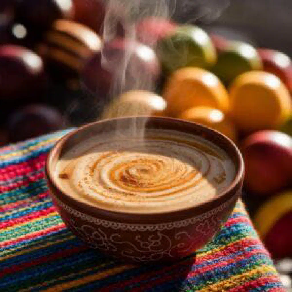 Creamy Nicaraguan atol de maíz served hot in a bowl with fresh herbs