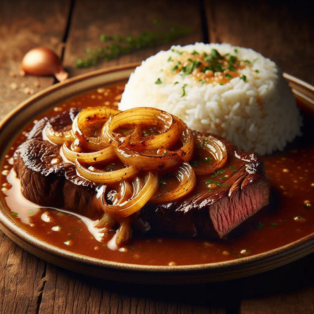 Beef steak topped with fried onion rings, served with rice and beans