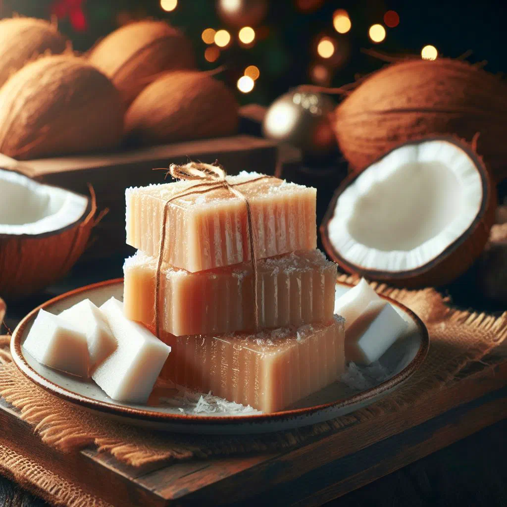 Squares of Nicaraguan coconut nougat topped with toasted nuts