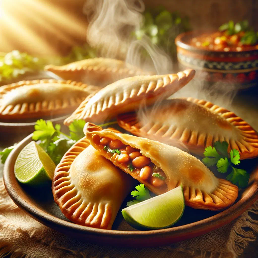 Golden fried bean empanadas on a plate with fresh coriander