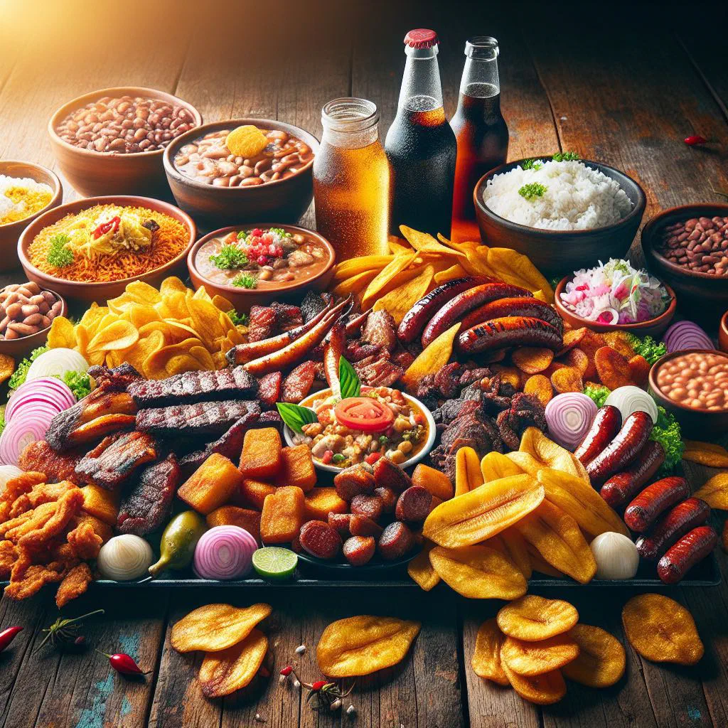 Fritanga mixta platter with grilled meats, potatoes, peppers and corn tortillas