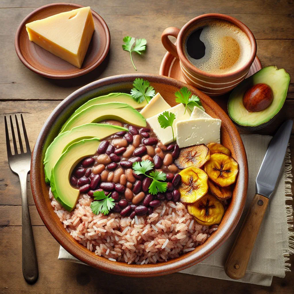 Gallo pinto of speckled rice and black beans garnished with fresh coriander