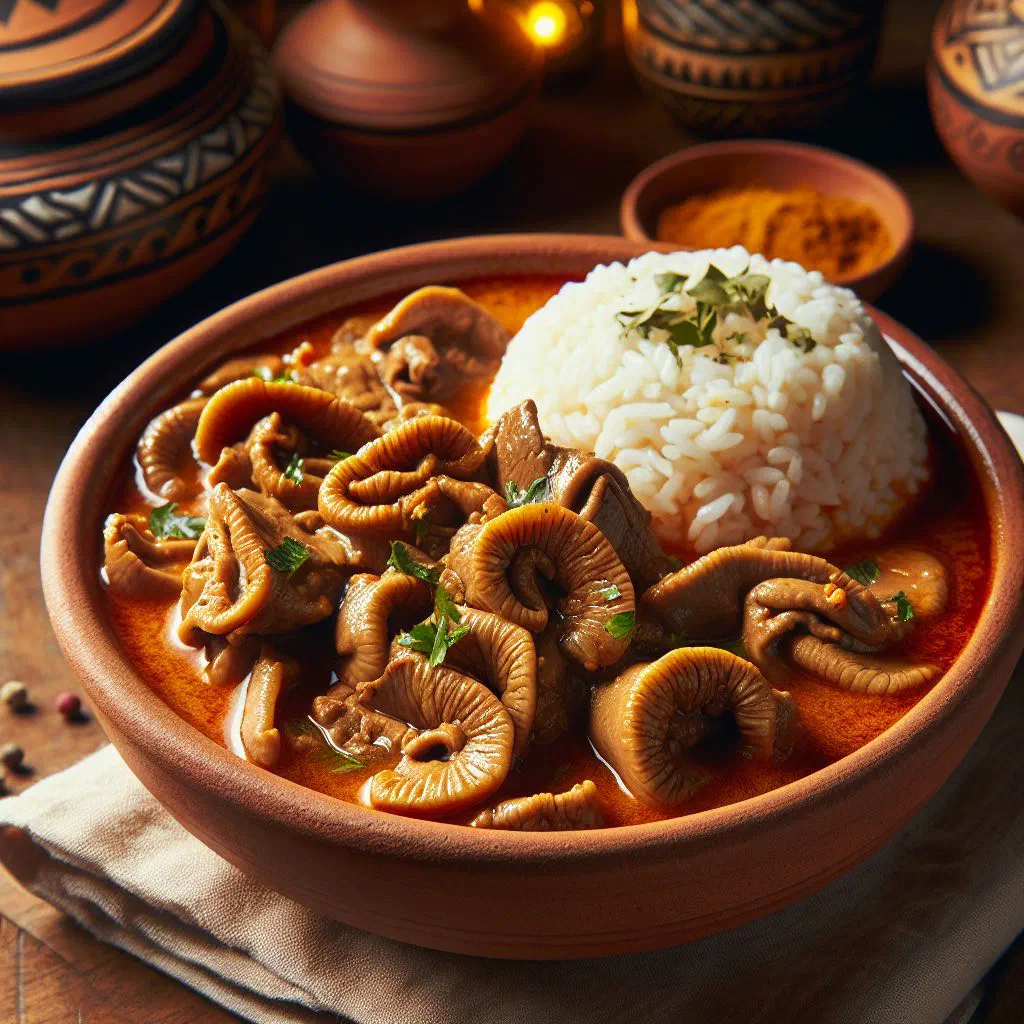 Bowl of Nicaraguan mondongo guisado stew with tripe, potatoes and carrots