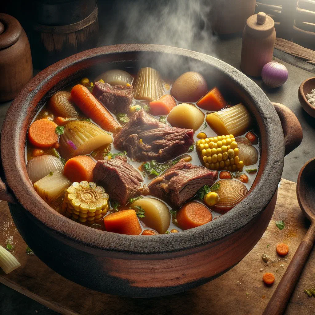 Bowl of Nicaraguan olla de carne with tender beef, potatoes and carrots