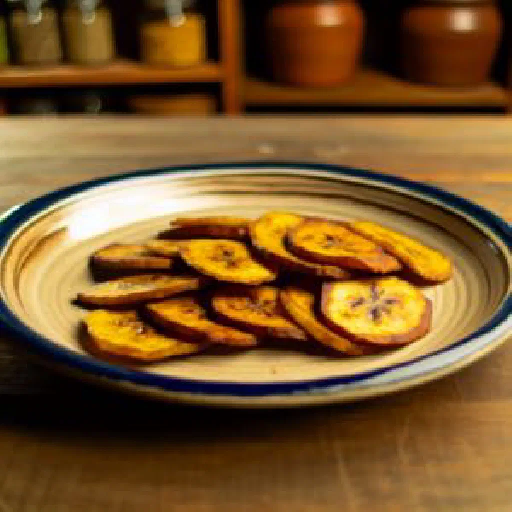 Golden double-fried patacones on a plate with guacamole and salsa