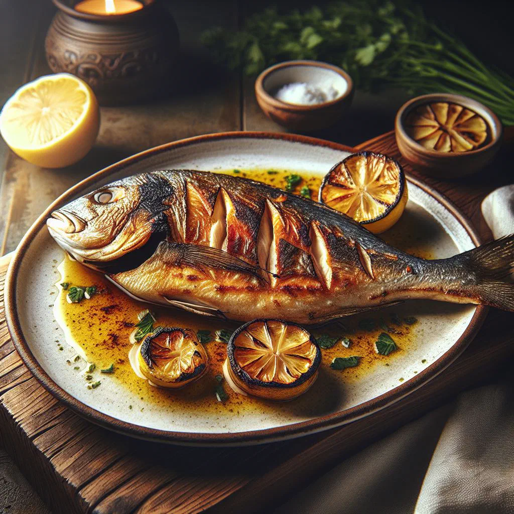 Grilled whole white fish with lime wedges and fresh coriander