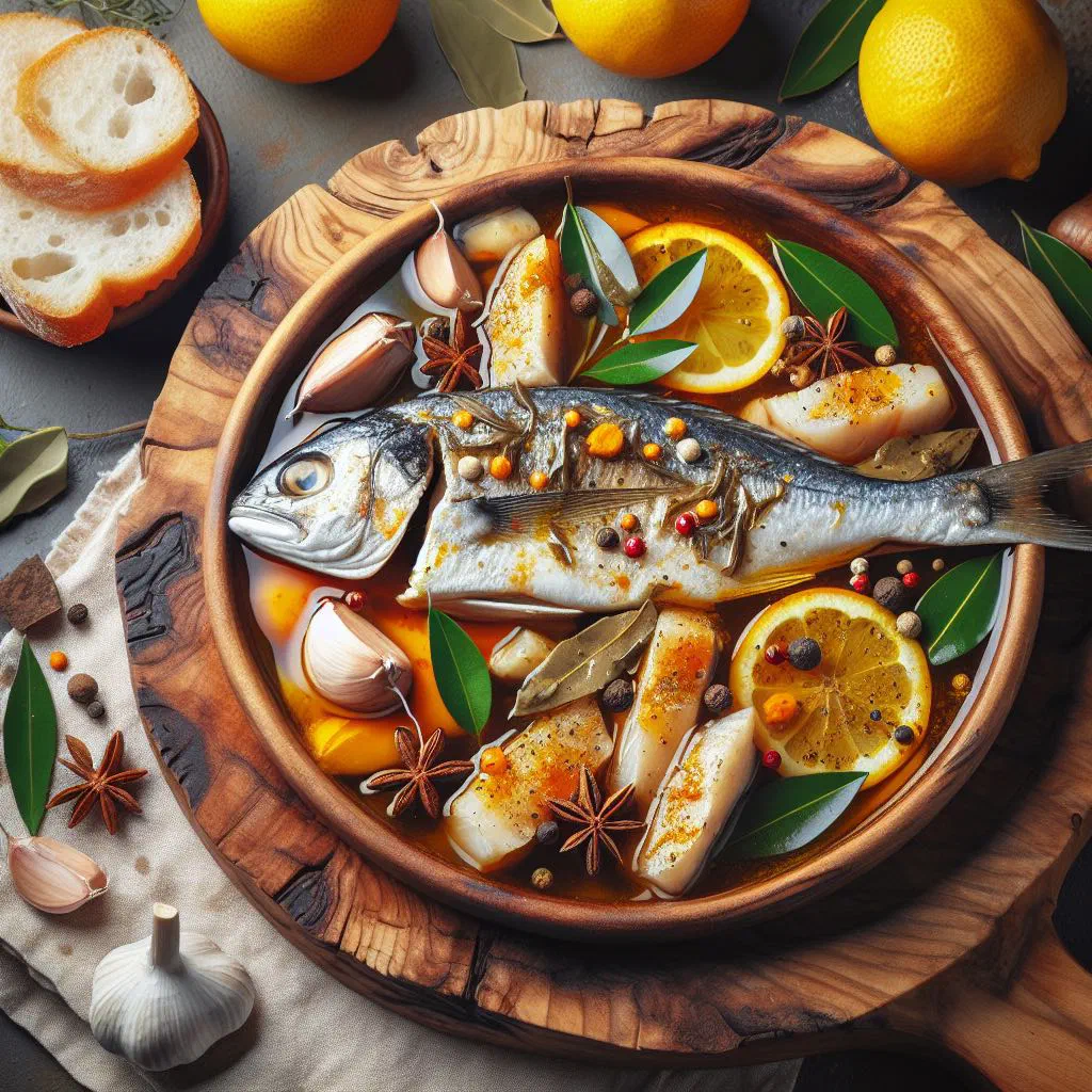 Marinated fish fillets with sliced onions and carrots in a tangy vinegar marinade