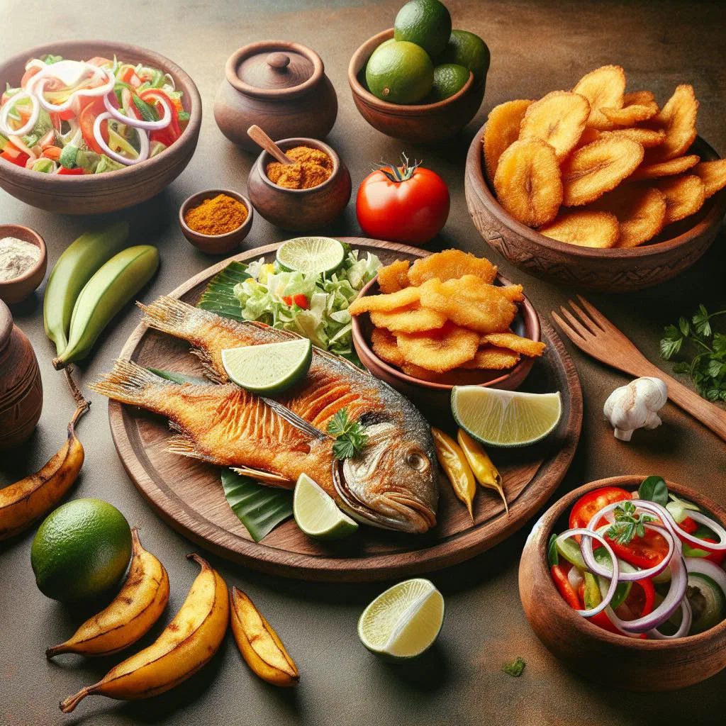 Whole crispy fried fish served with lime wedges and rice and beans