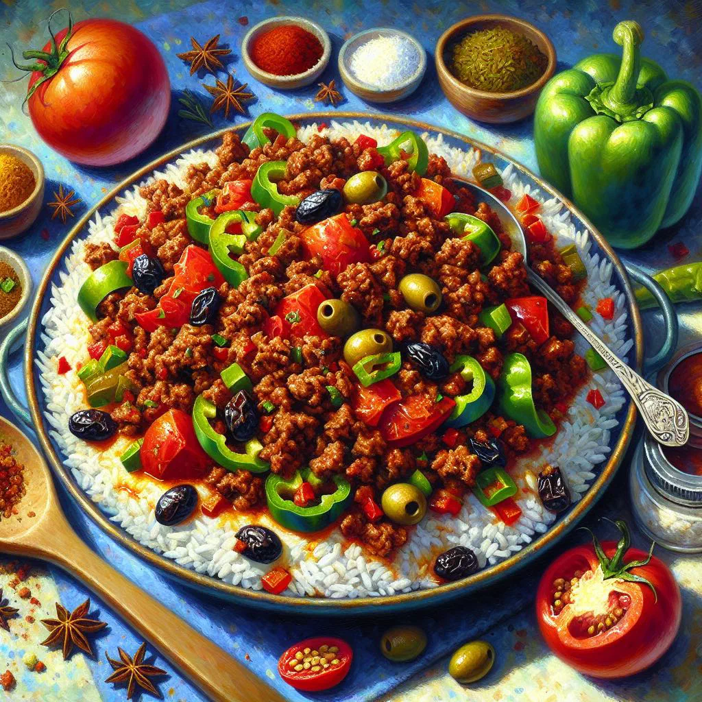 Nicaraguan picadillo de carne with minced beef, peppers and carrots served with rice