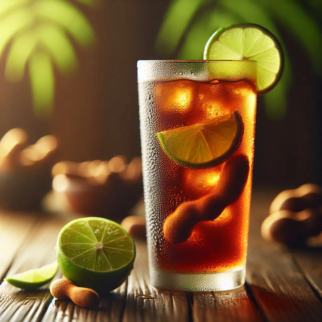 Glass of chilled tamarind refresco with ice cubes and a lime wedge