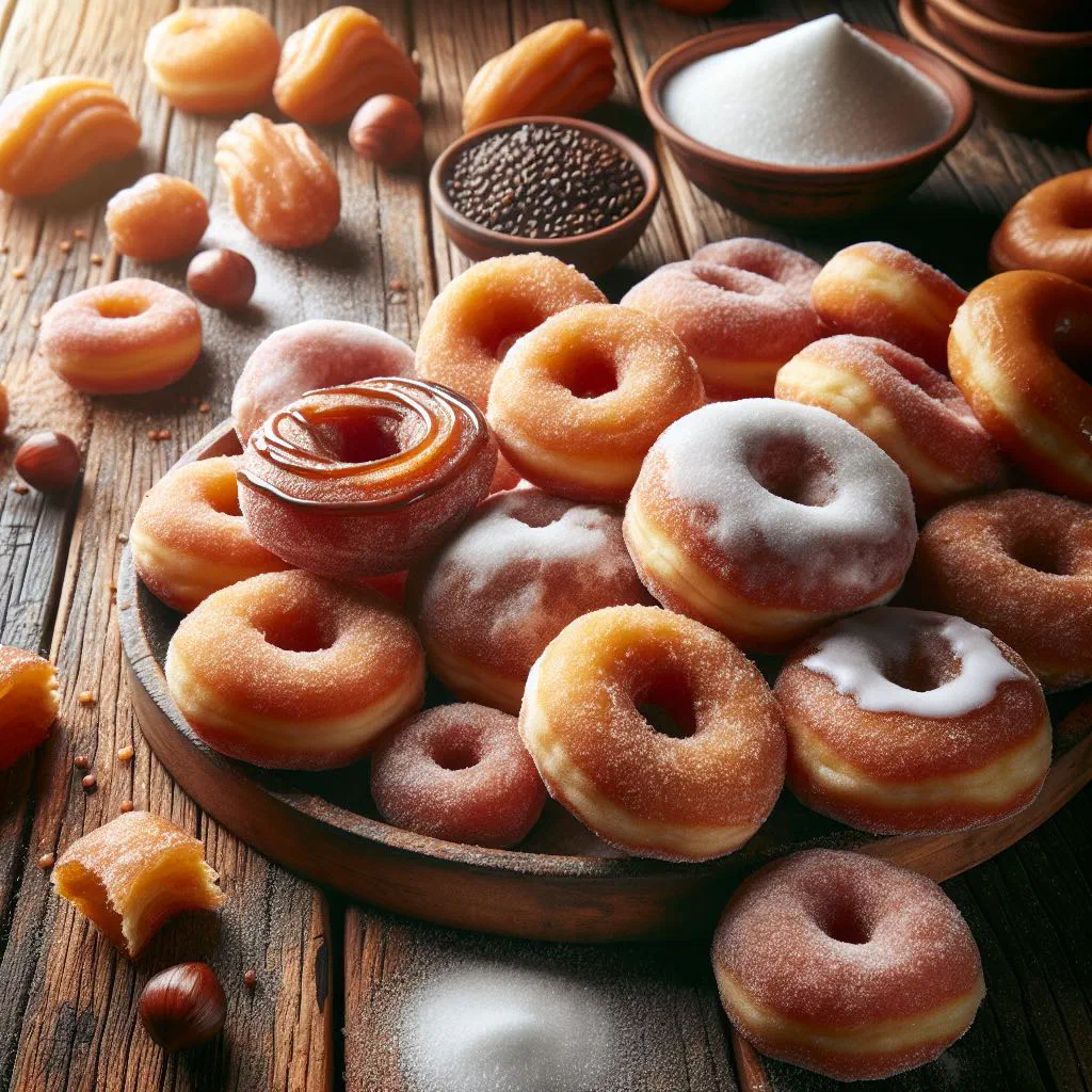 Golden fried rosquillas rings piled on a rustic plate
