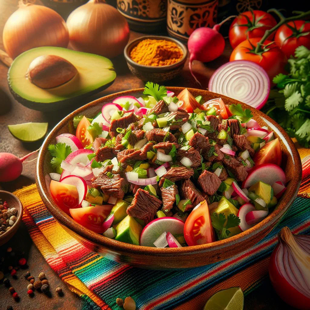 Bowl of Nicaraguan salpicón de res with diced beef, tomato, onion and lime