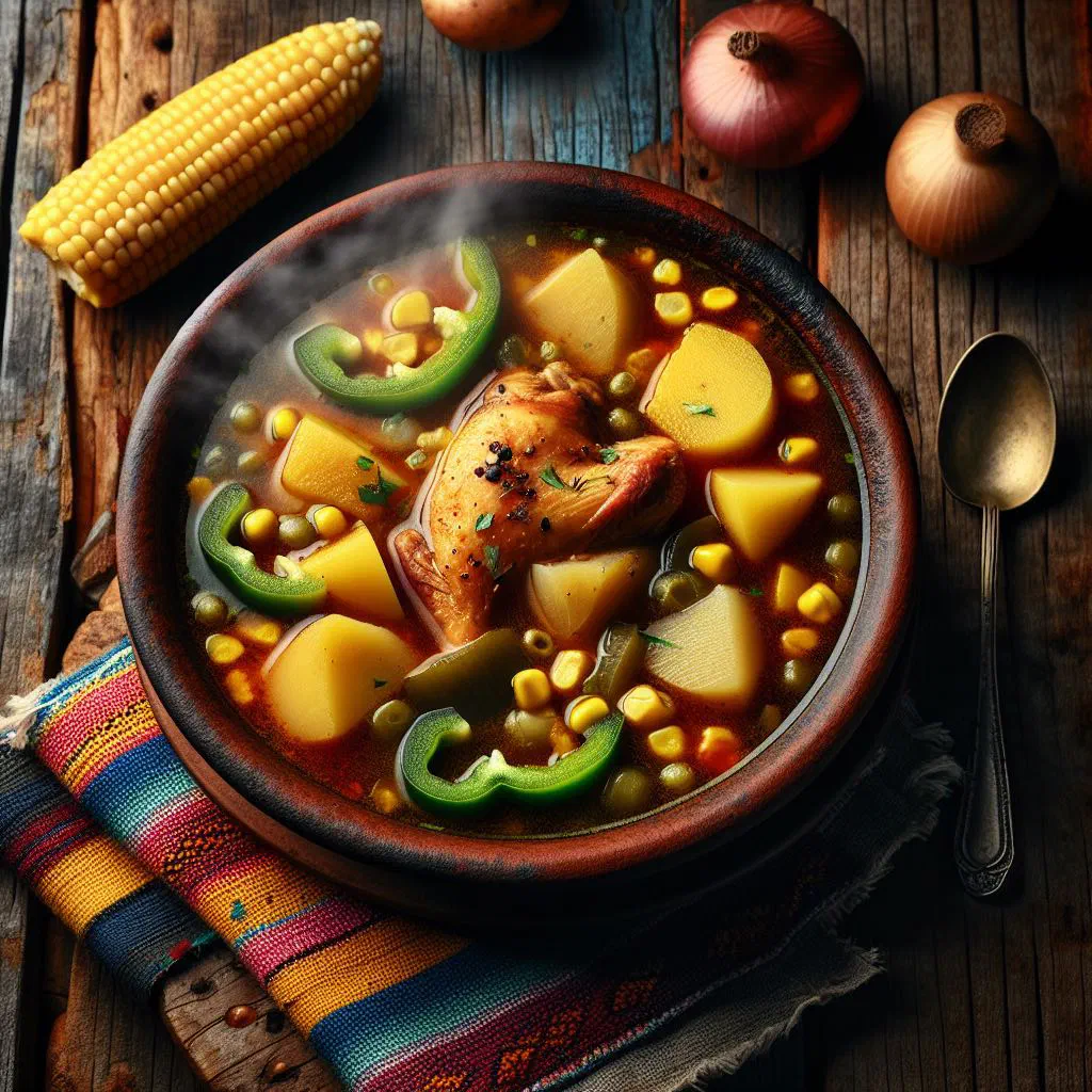 Bowl of Nicaraguan chicken soup with potatoes, carrots and fresh coriander