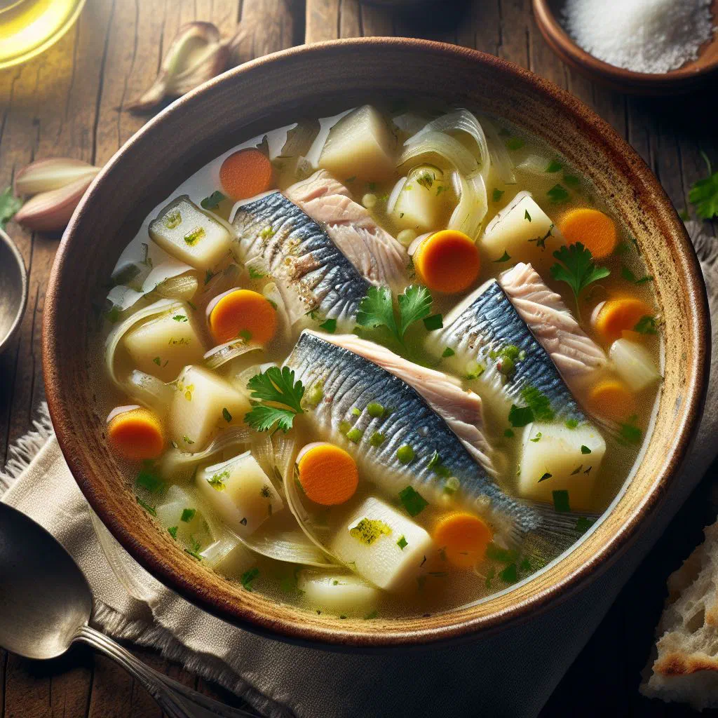 Nicaraguan fish soup in a wide bowl with lime and fresh coriander