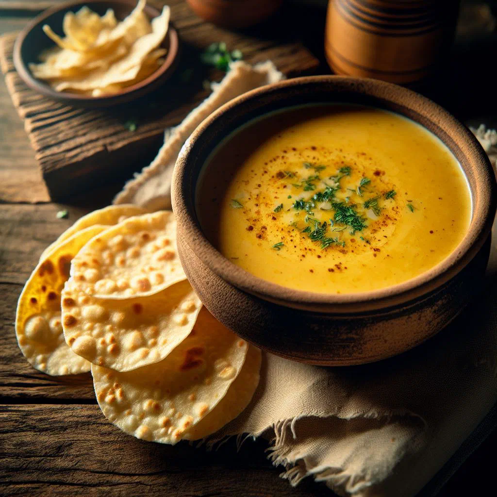 Creamy Nicaraguan cheese soup served with toasted corn tortillas
