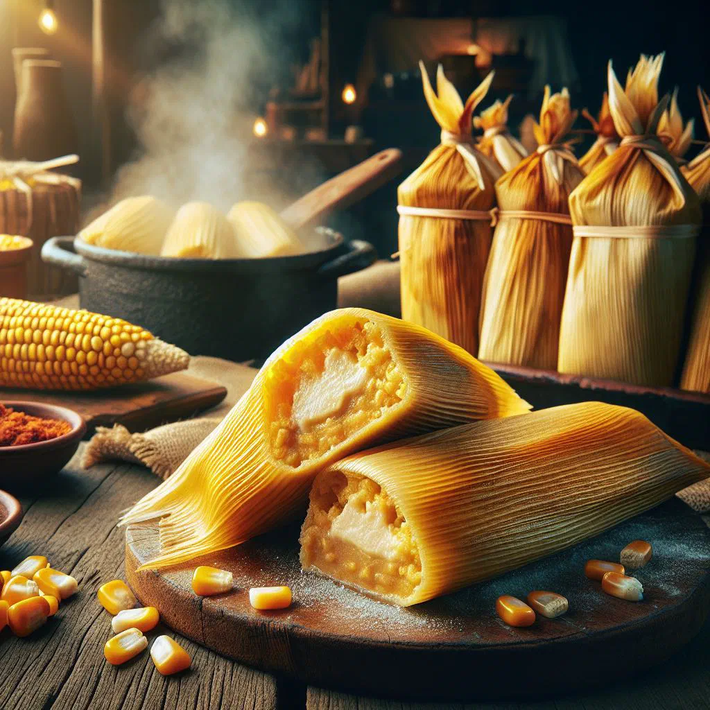 Steamed sweetcorn tamales unwrapped from banana leaves on a plate