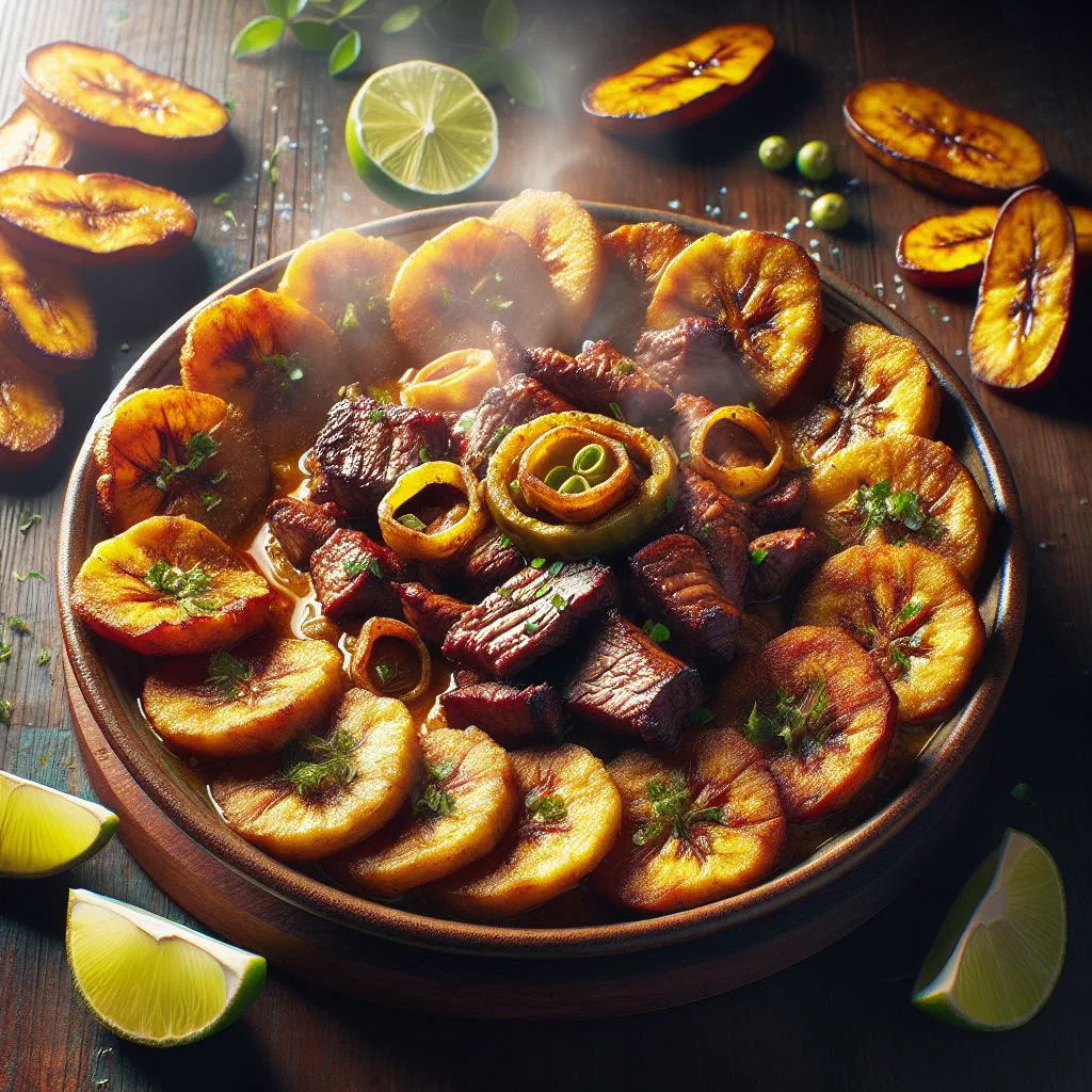 Crispy fried green plantain tostones topped with marinated beef