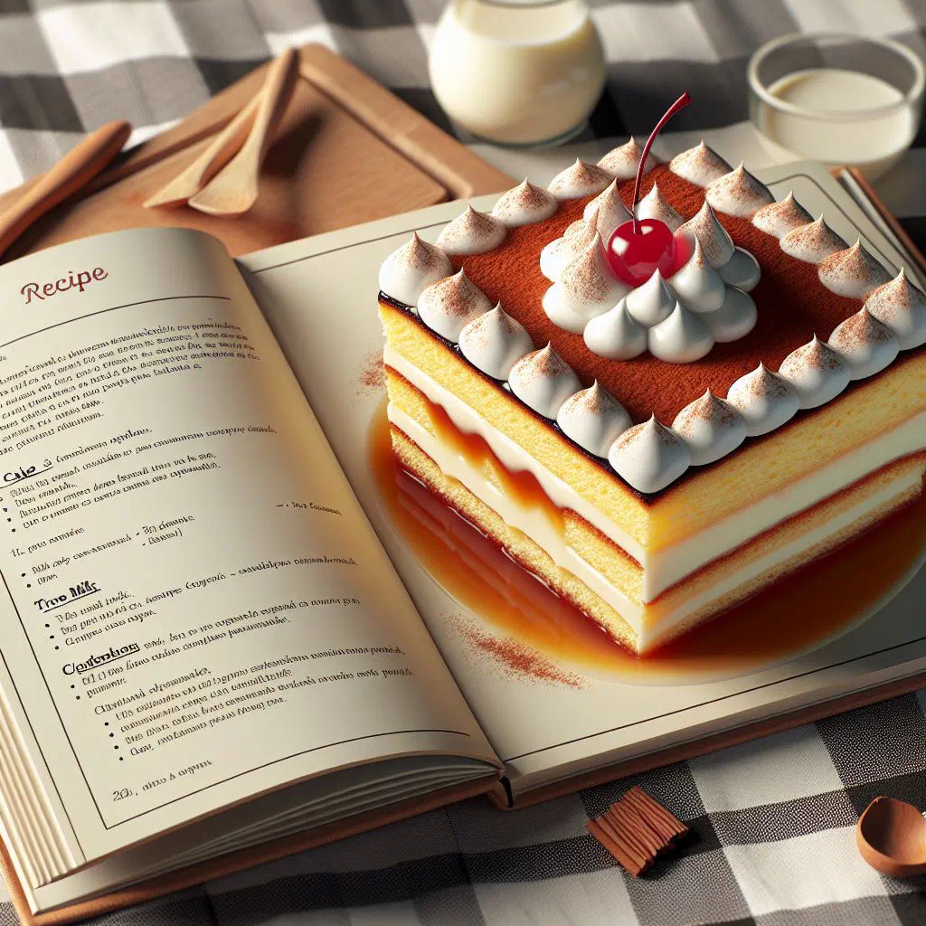 Slice of moist tres leches cake topped with cream and fruit