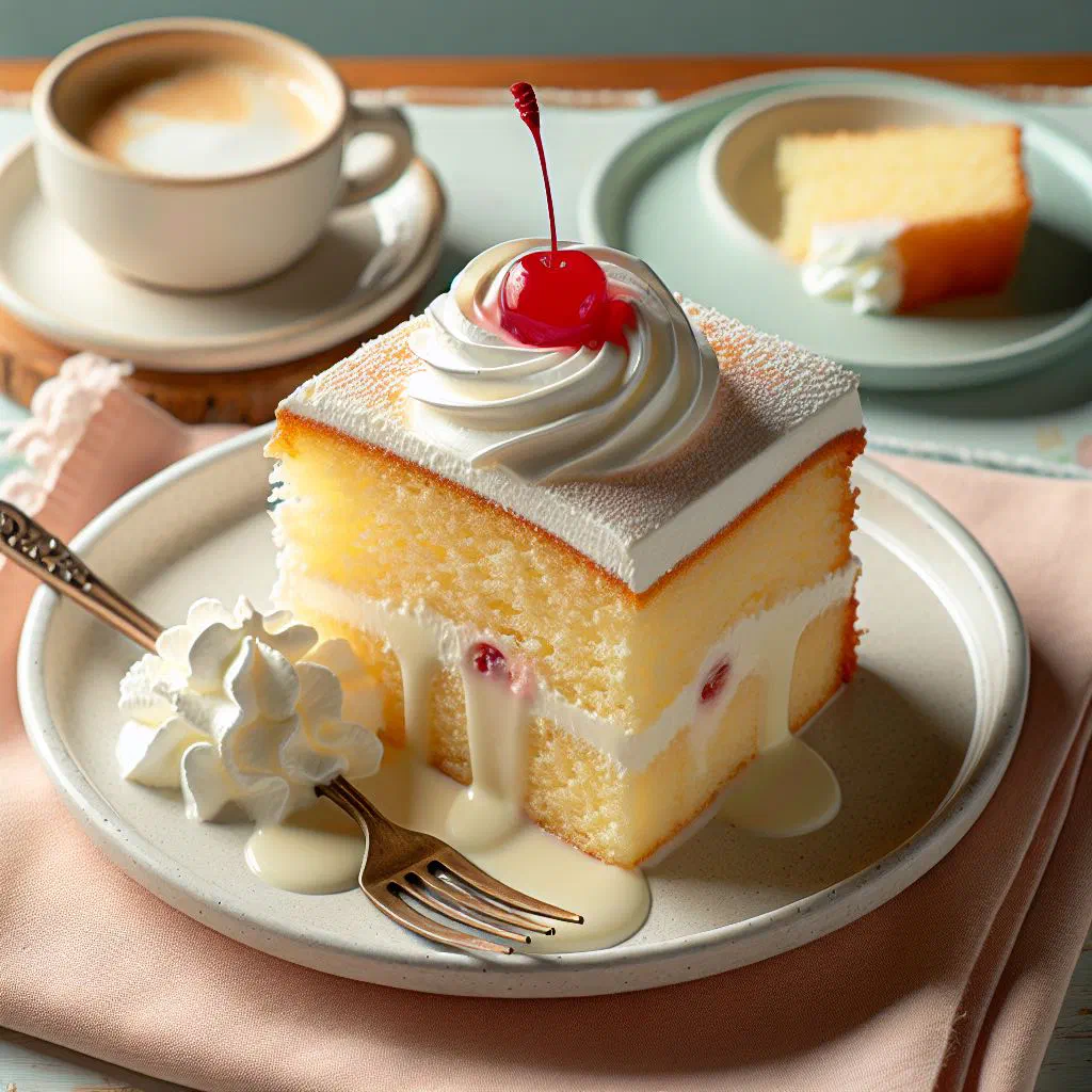 A slice of moist tres leches cake soaked in three milks