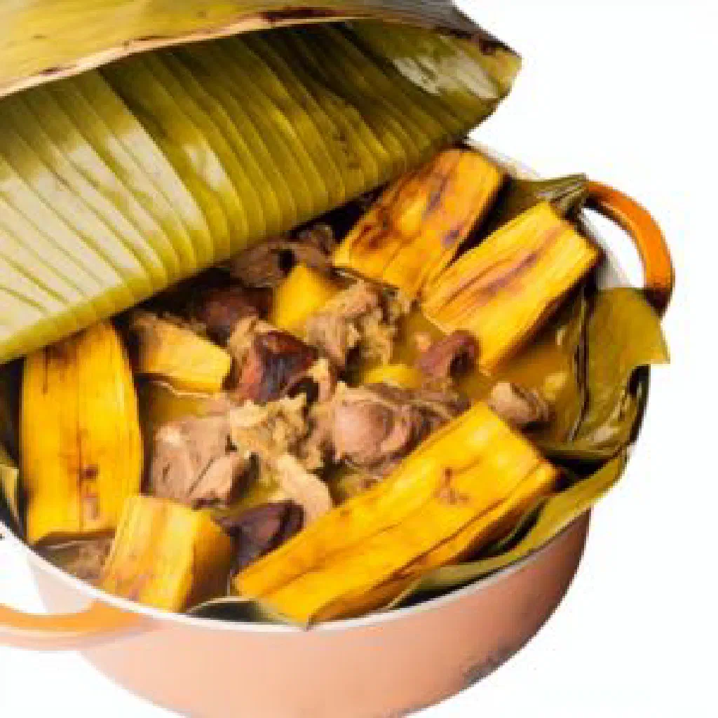 Vaho of steamed beef and vegetables served on a banana leaf