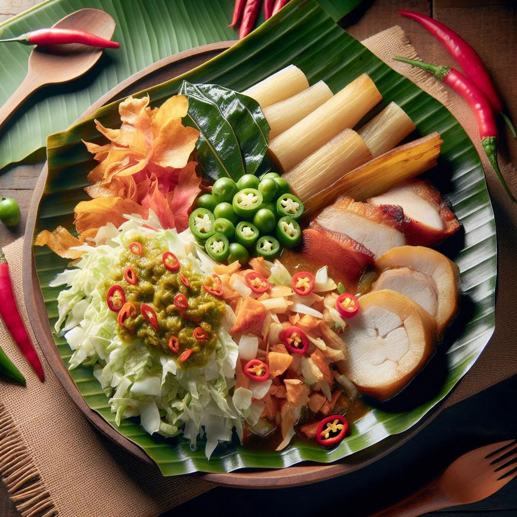 Vigorón with boiled yuca, pork crackling and pickled cabbage salad