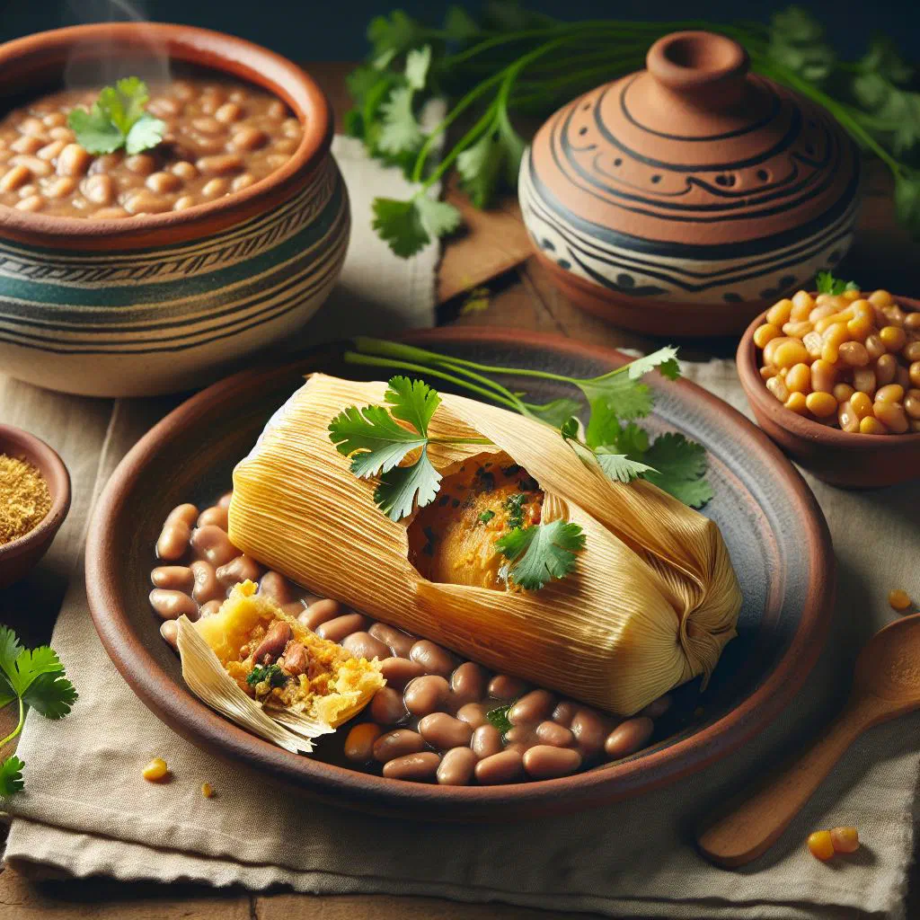 Steamed corn tamales filled with black beans, garnished with fresh herbs and lime