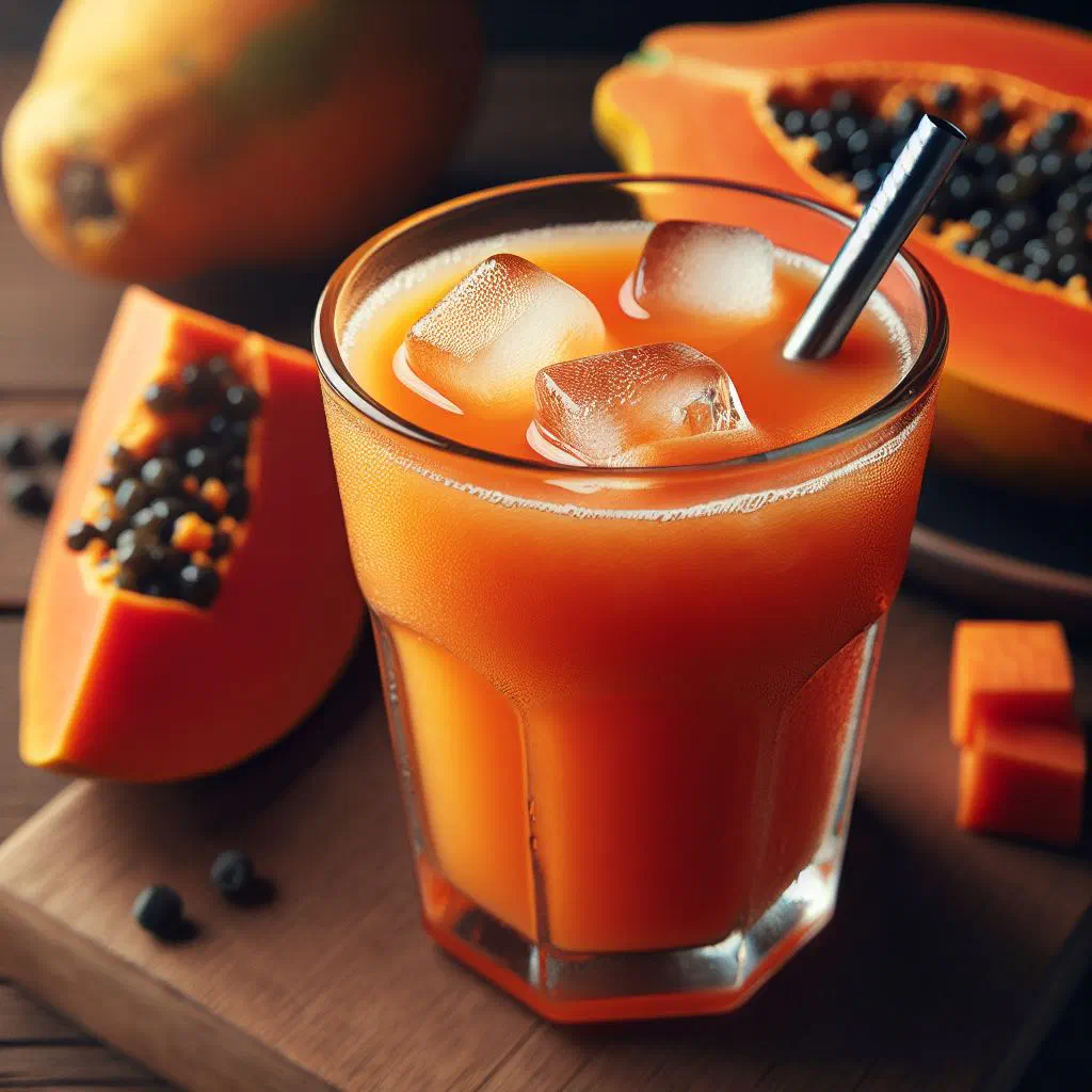 A tall glass of fresh papaya juice garnished with mint and lime
