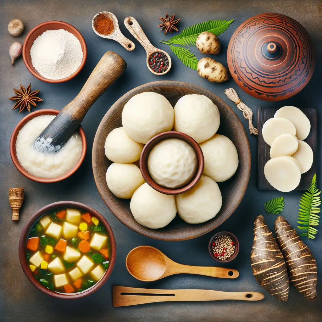 A smooth ball of fufu served with a rich West African stew