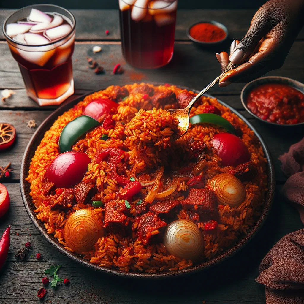 A bowl of vibrant orange-red jollof rice garnished with fresh herbs