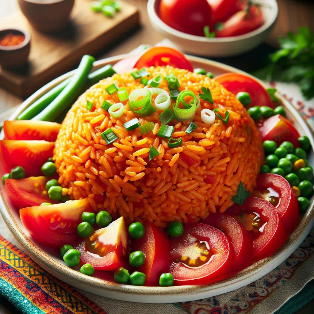 A plate of vibrant red West African jollof rice garnished with fresh herbs
