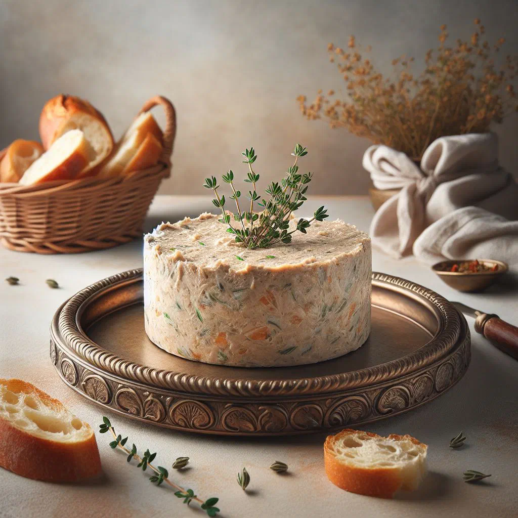Baked fish terrine garnished with fresh herbs and lemon