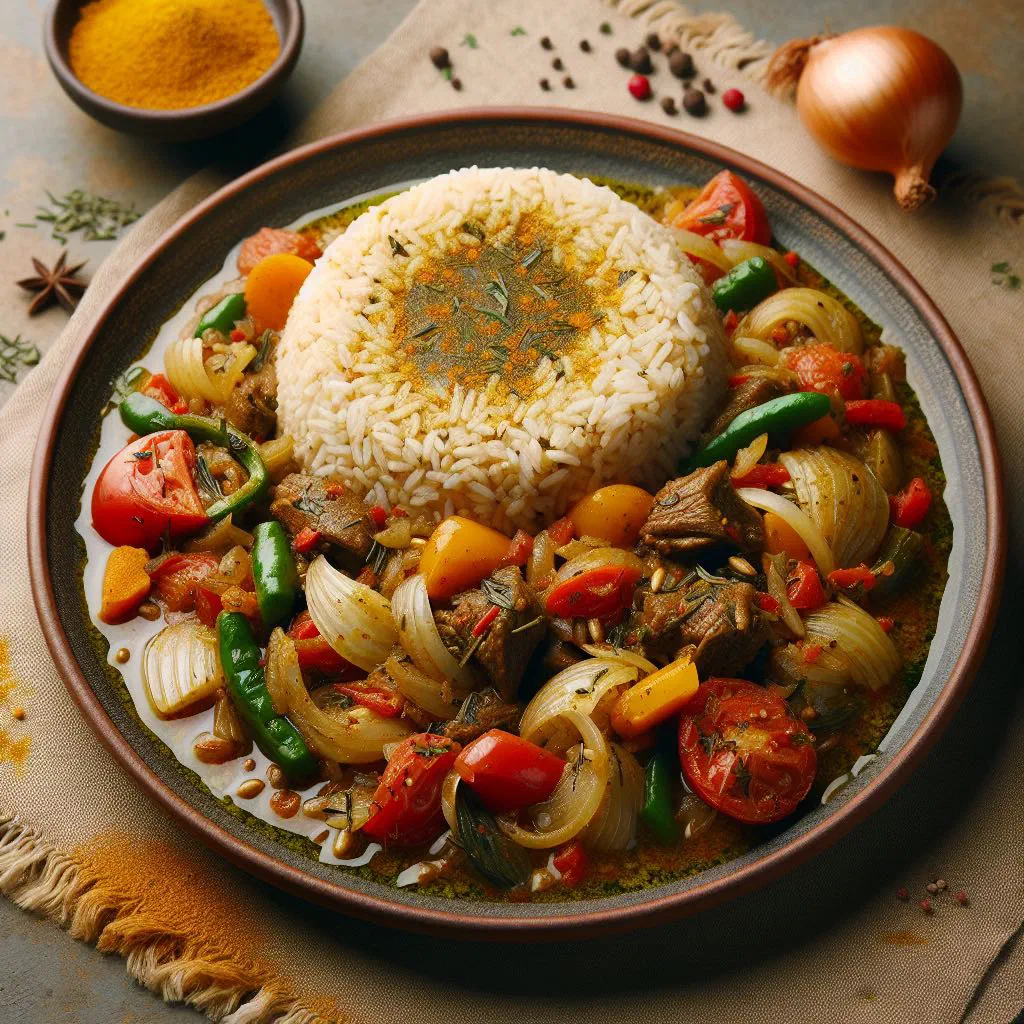A colourful bowl of riz au gras with rice, meat and vegetables