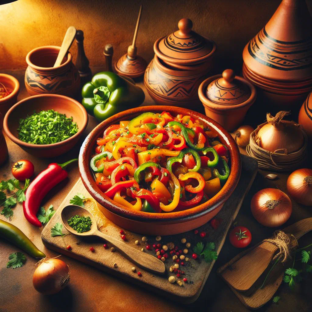 Tchouktchouka simmered peppers and tomatoes with eggs in a pan