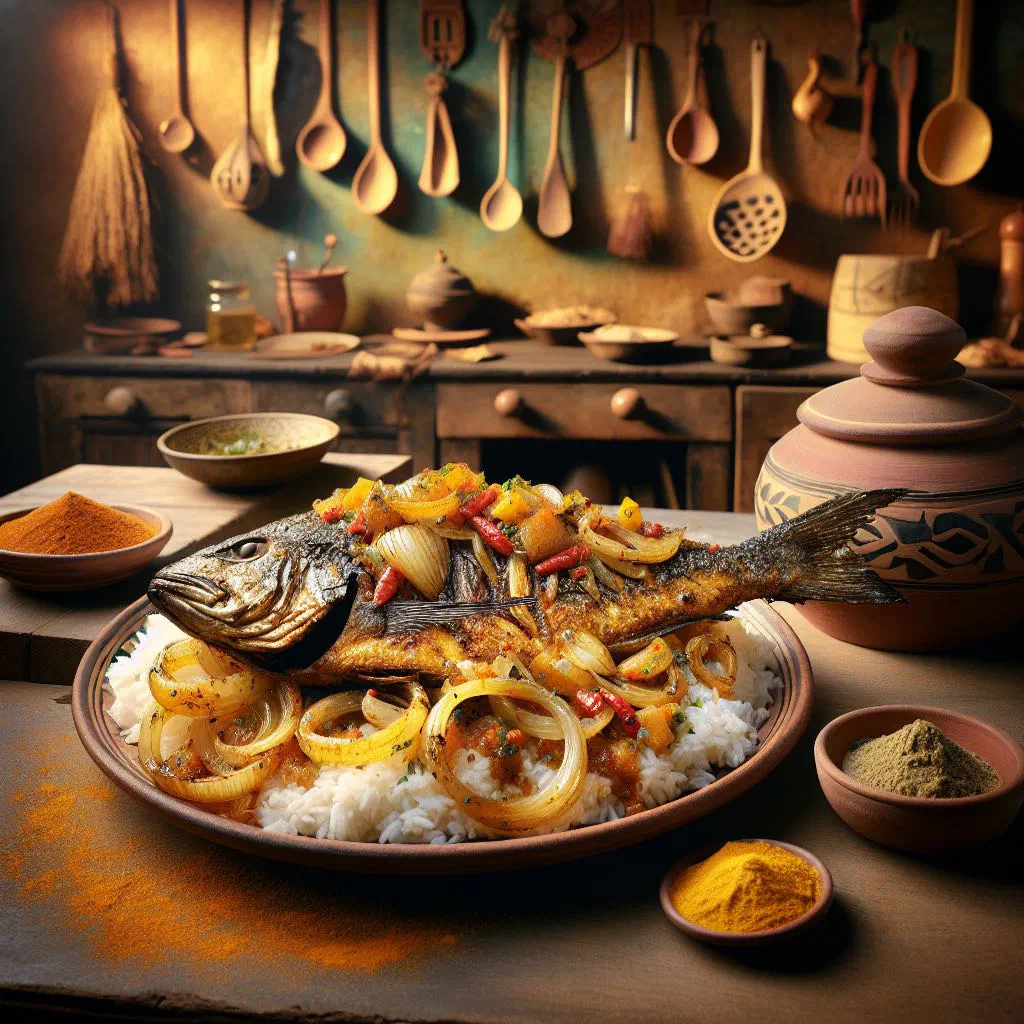 Marinated grilled fish served with onion sauce and rice