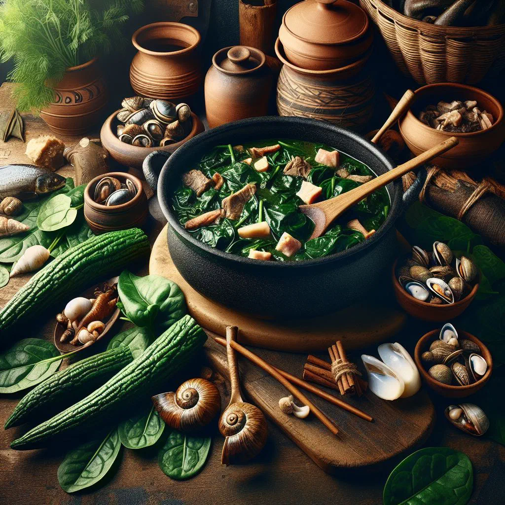 Afang vegetable stew with leafy greens, meat and palm oil in a bowl