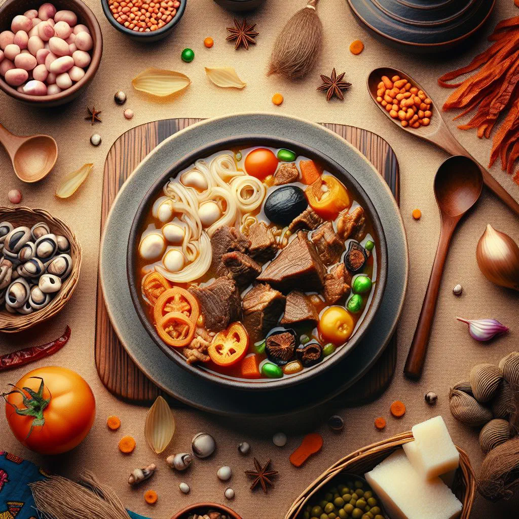 A rich bowl of Nigerian banga soup made with palm nut and spices