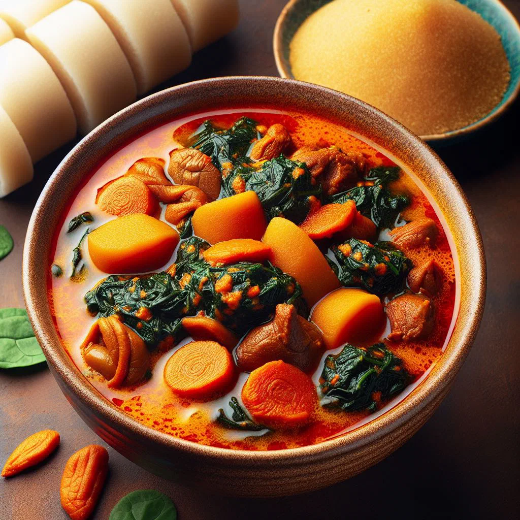 A rich red bowl of Nigerian banga stew with tender meat and fresh herbs