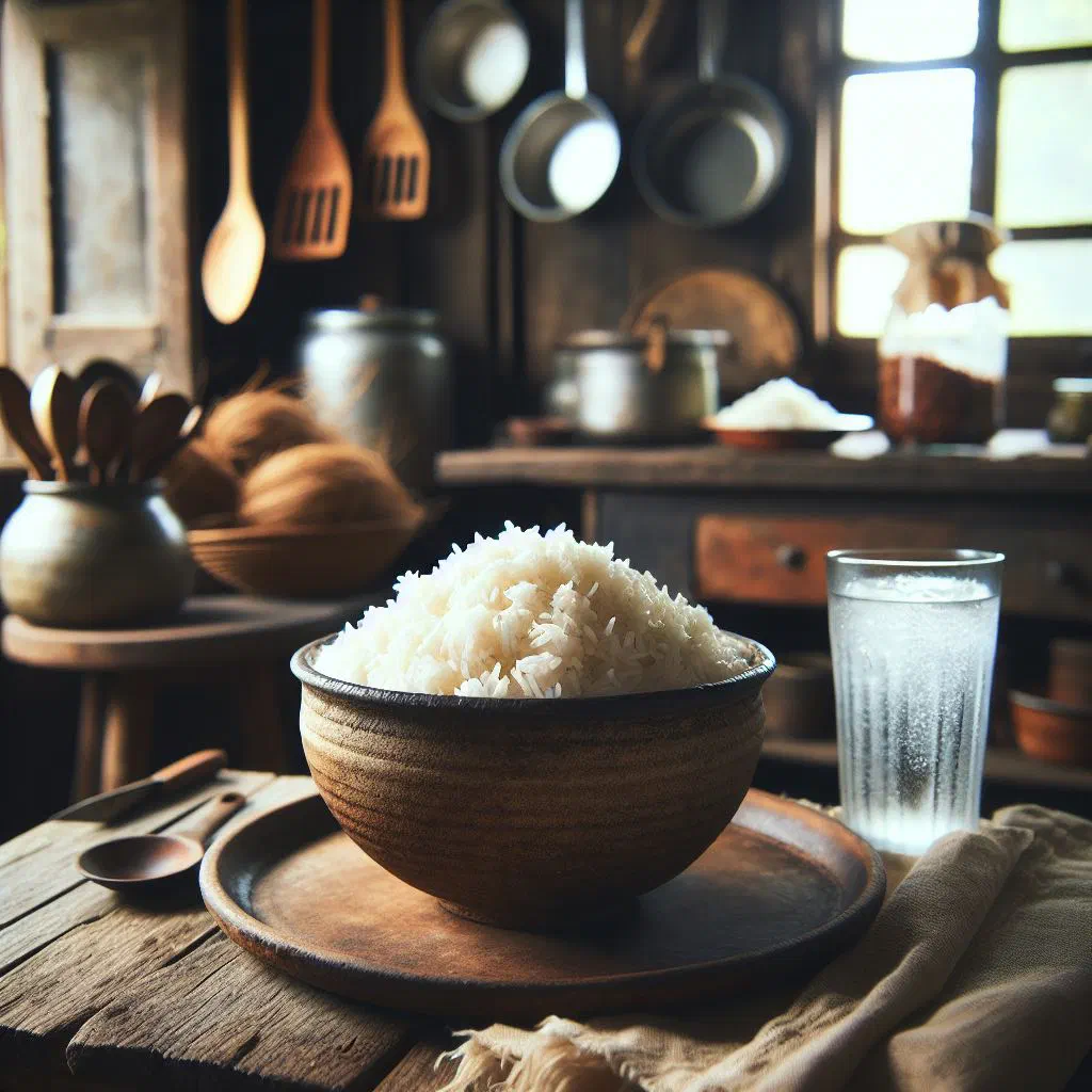 Bowl of creamy coconut milk rice topped with toasted coconut flakes