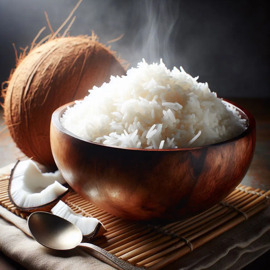 A bowl of creamy Nigerian coconut rice garnished with fresh herbs