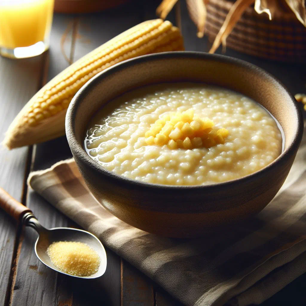 Bowl of creamy cornmeal porridge topped with fresh berries