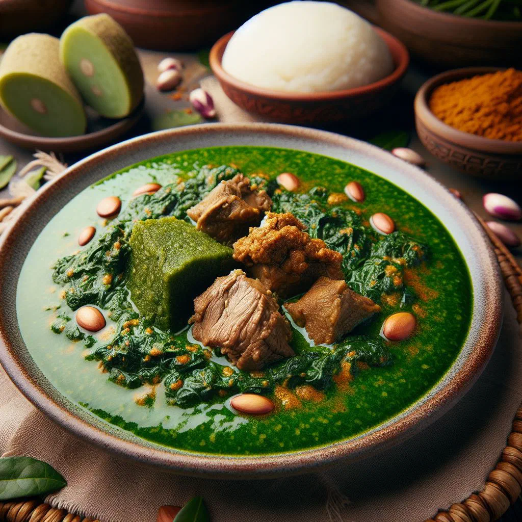 Bowl of efo elegusi, a rich Nigerian melon-seed and leafy greens soup