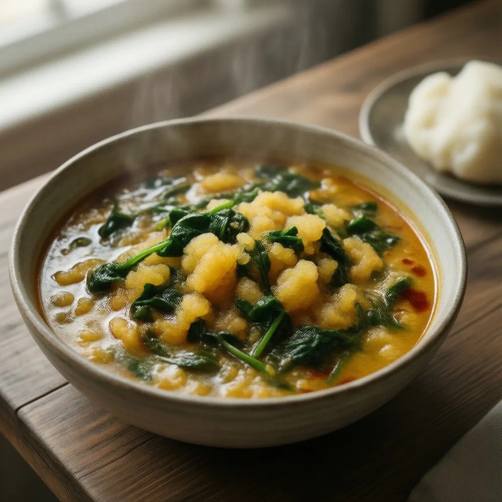 A rich bowl of Nigerian egusi soup with leafy greens and meat