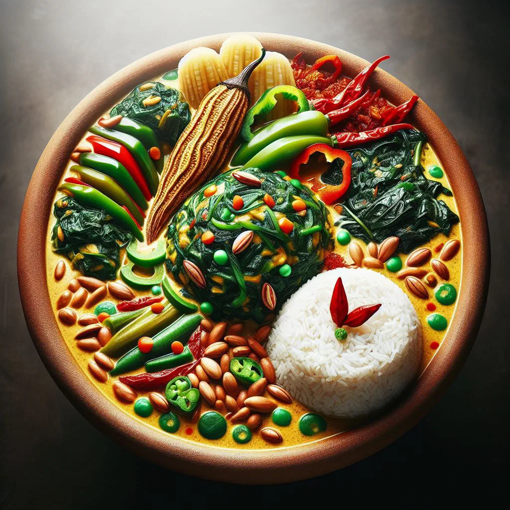 A bowl of rich egusi stew with melon seeds, greens and red palm oil