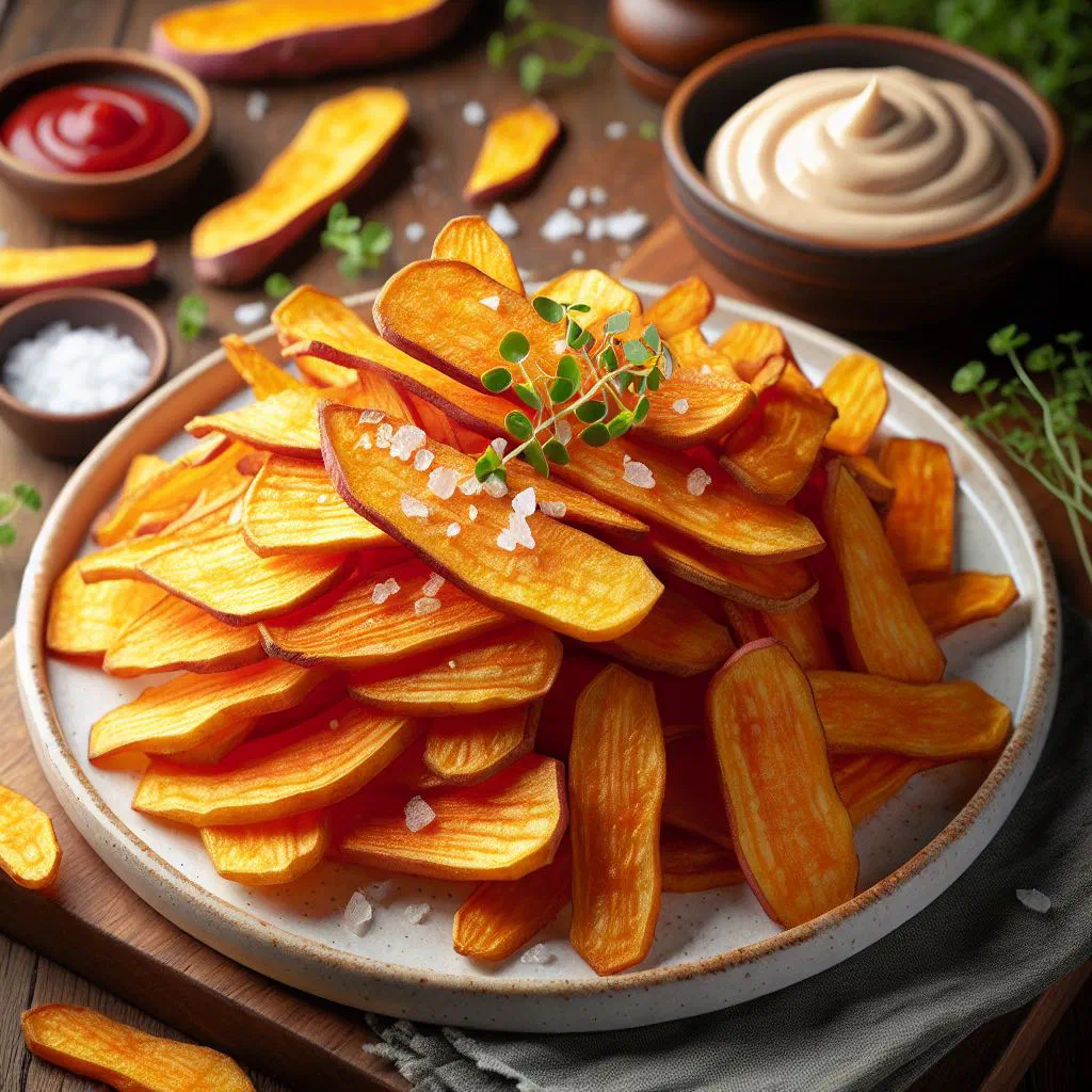 Golden fried yam chips piled on a plate, sprinkled with spices