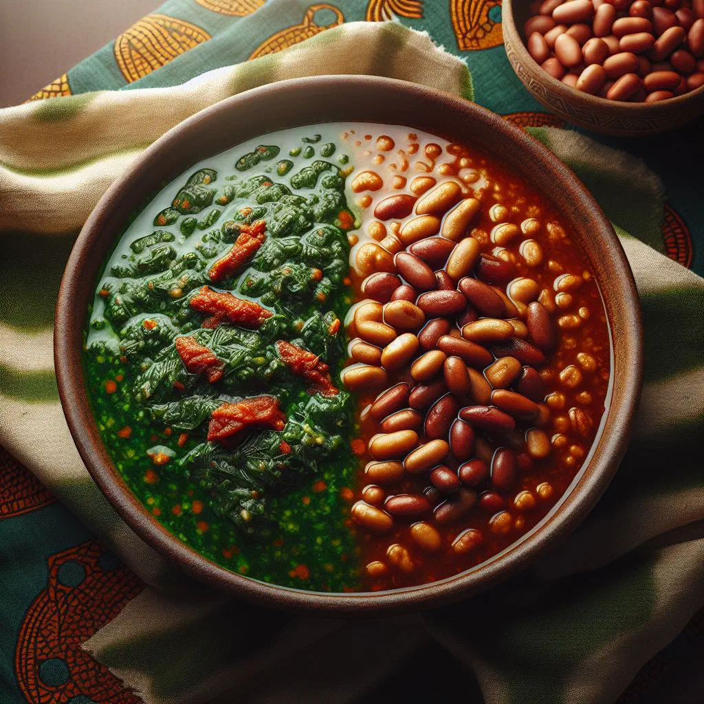 Bowls of golden gbegiri bean soup and green ewedu soup served with fufu